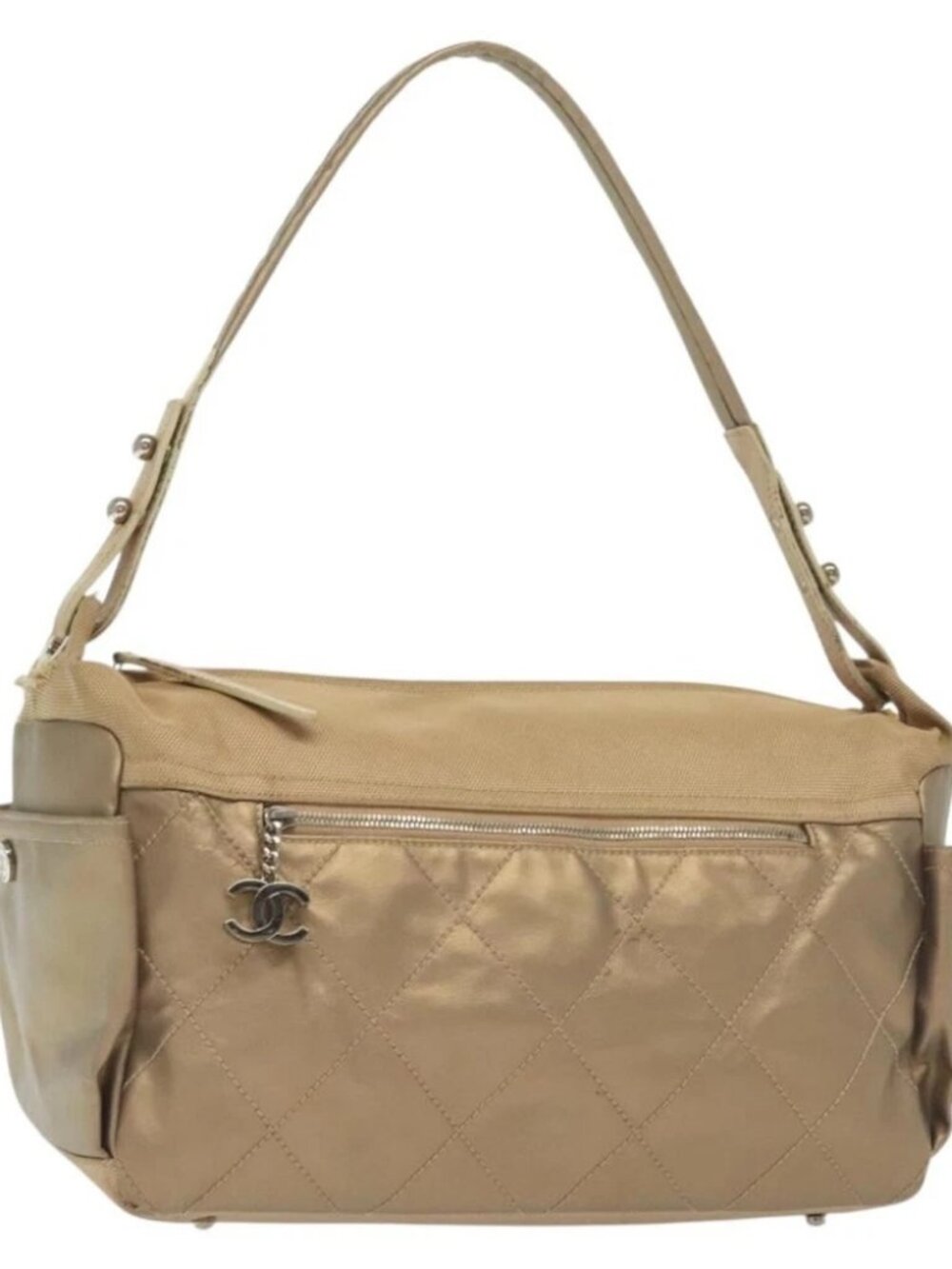 CHANEL Paris Biarritz Shoulder Bag Coated Canvas Beige Silver CC Auth bs29354